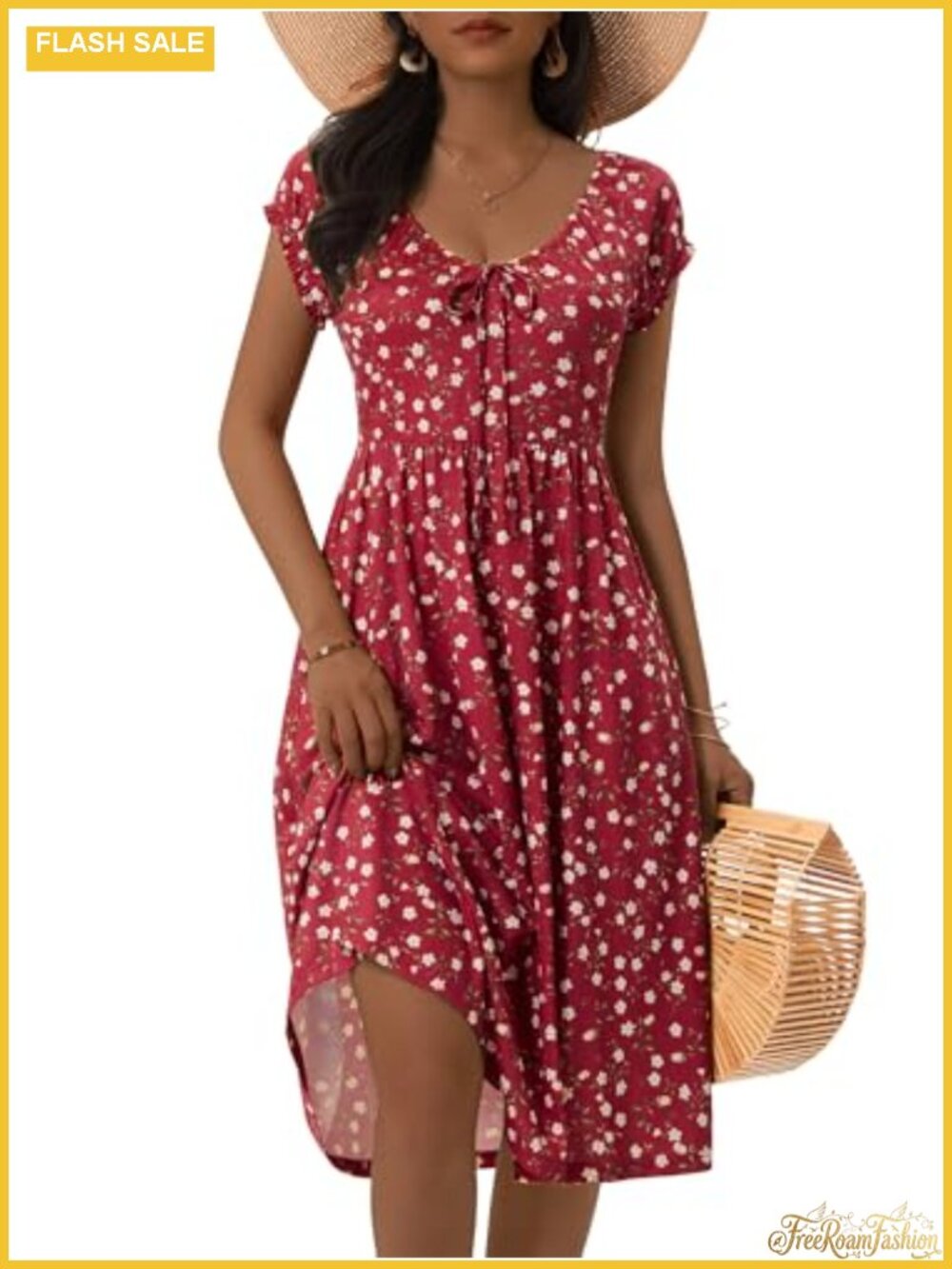 Midi Dress with Pockets Puff Cap Sleeve Floral V-Neck Empire Waist